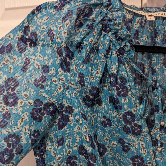 VERONICA BEARD Turquoise Blue Floral Print BECKY Silk Ruffle Ruched Dress - Picture 15 of 16
